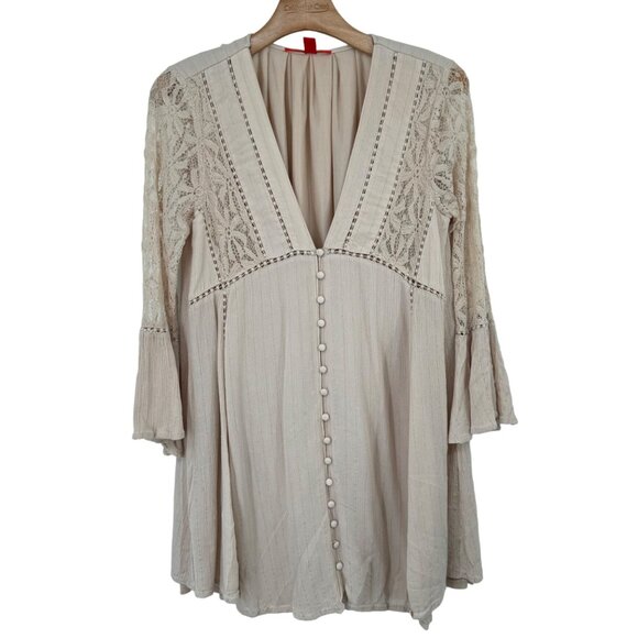 Chelsea & Violet Boho Lace Button-Front Dress Beige crinkle size medium womens - Picture 1 of 9